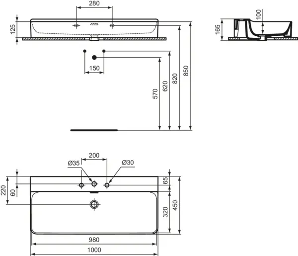 Ideal Standard Conca Waschtisch, 3 Hahnlöcher, weiß mit IdealPlus, 1000x450x165 mm Ideal Standard Conca Waschtisch, 3 Hahnlöcher, weiß mit IdealPlus, 1000x450x165 mm