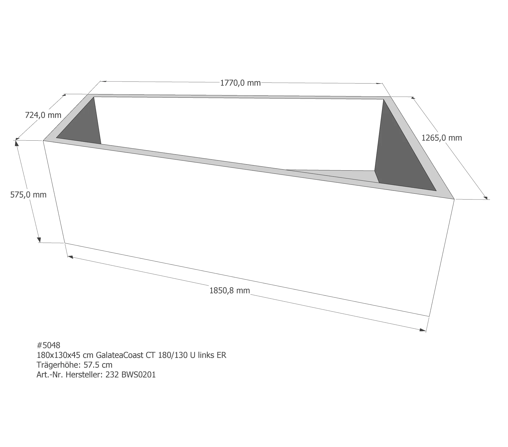Badewannenträger für Galatea ~Coast CT 180/130 U links links 180 × 130 × 45 cm