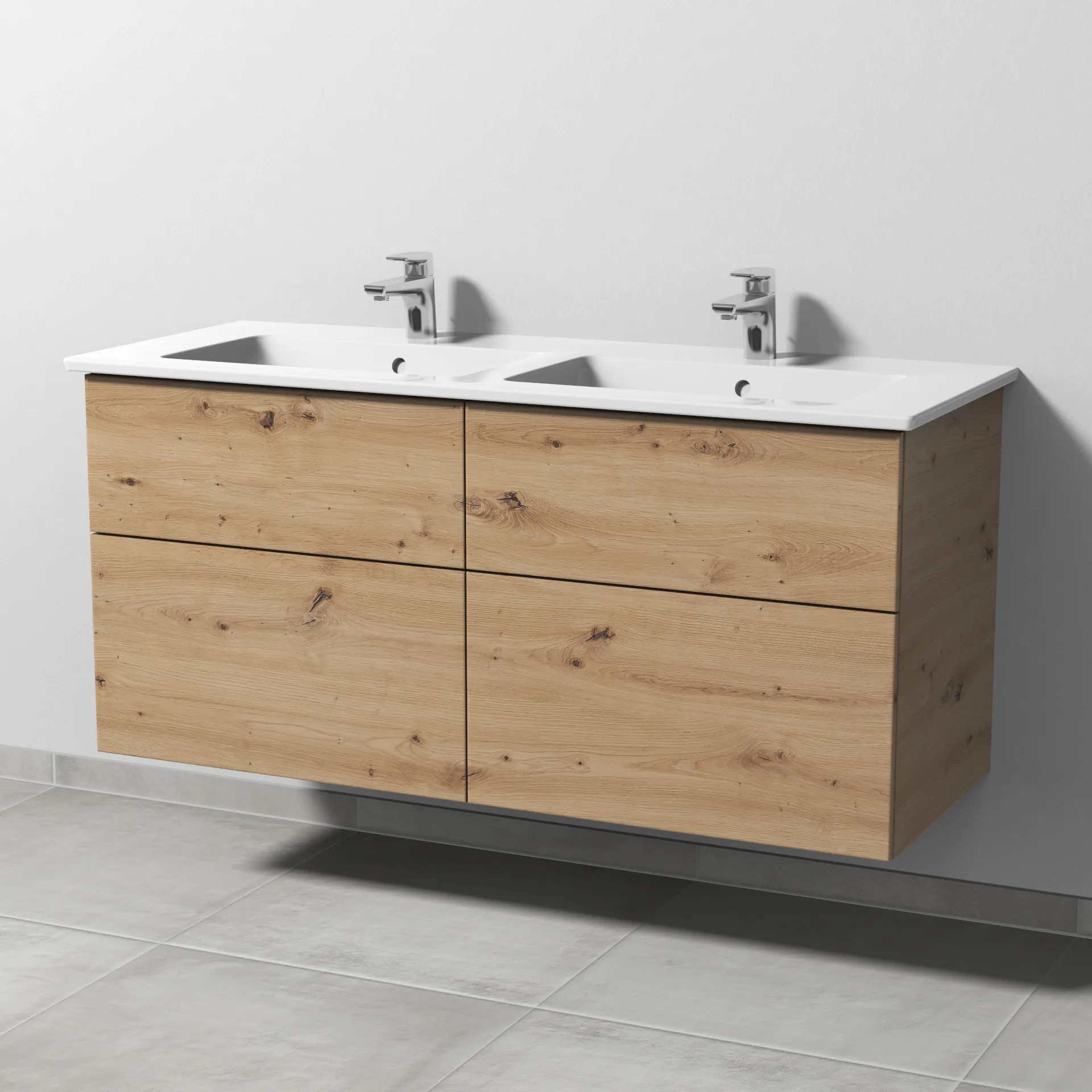 Keramik-Waschtisch-Set mit Waschtischunterschrank „3way“ 125,5 × 47,7 × 59,1 cm in Eiche Natural-Touch, mit Hahnlochbohrung, Becken links und rechts