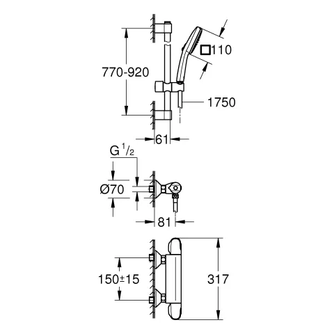 Grohe Grohtherm 1000 Thermostat-Brausebatterie, ½ mit Tempesta Brausestangenset 900mm chrom Grohe Grohtherm 1000 Thermostat-Brausebatterie, ½ mit Tempesta Brausestangenset 900mm chrom