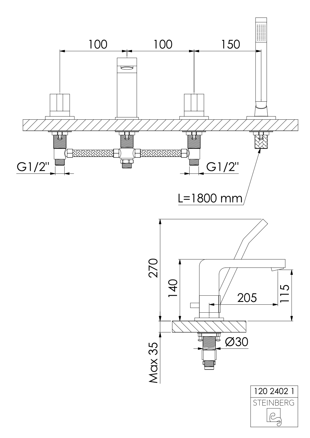 Serie 120 4-Loch Wanne/Brause-Standarmatur mit Umsteller und ausziehbarer Handbrause, Ausladung 20,5 cm Serie 120 4-Loch Wanne/Brause-Standarmatur mit Umsteller und ausziehbarer Handbrause, Ausladung 20,5 cm