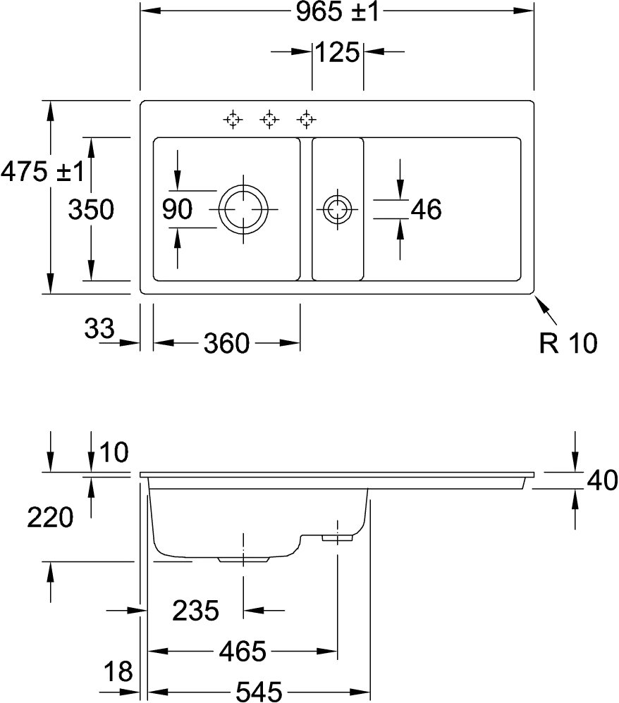 Villeroy & Boch Subway 60 Flat, flächenbündige Spüle, 965 x 475 mm, links