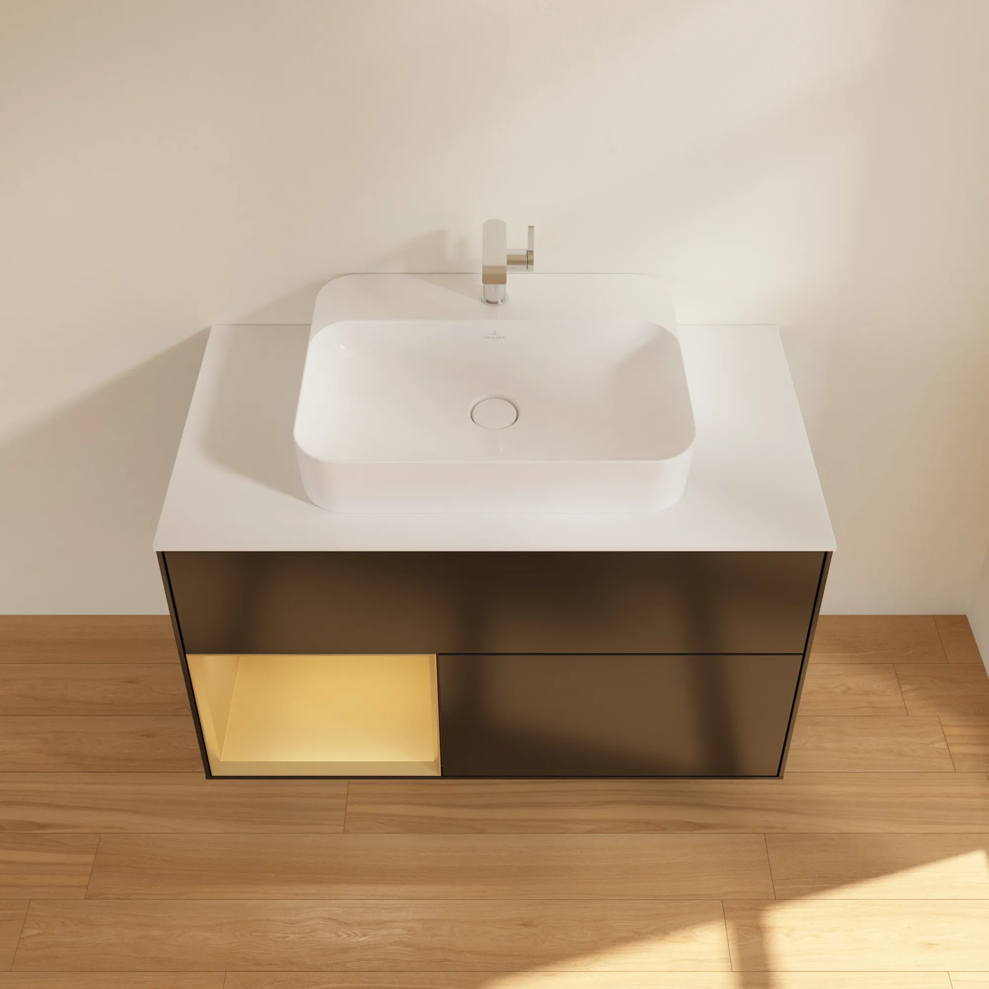 Villeroy & Boch Waschbeckenunterschrank Finion G36, 1000x603x501 mm, Black Matt Lacquer mit Gold Akzenten, Beleuchtung, SoftClosing, Push-to-open