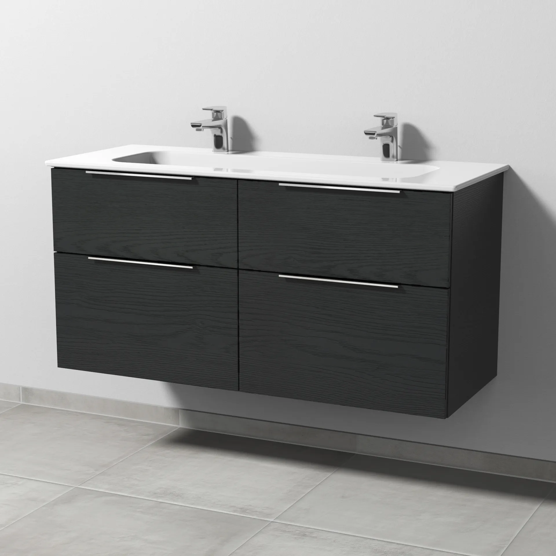 Keramik-Waschtisch-Set mit Waschtischunterschrank „3way“ 117 × 46 × 58,2 cm in Black Oak, mit Hahnlochbohrung, Becken mittig