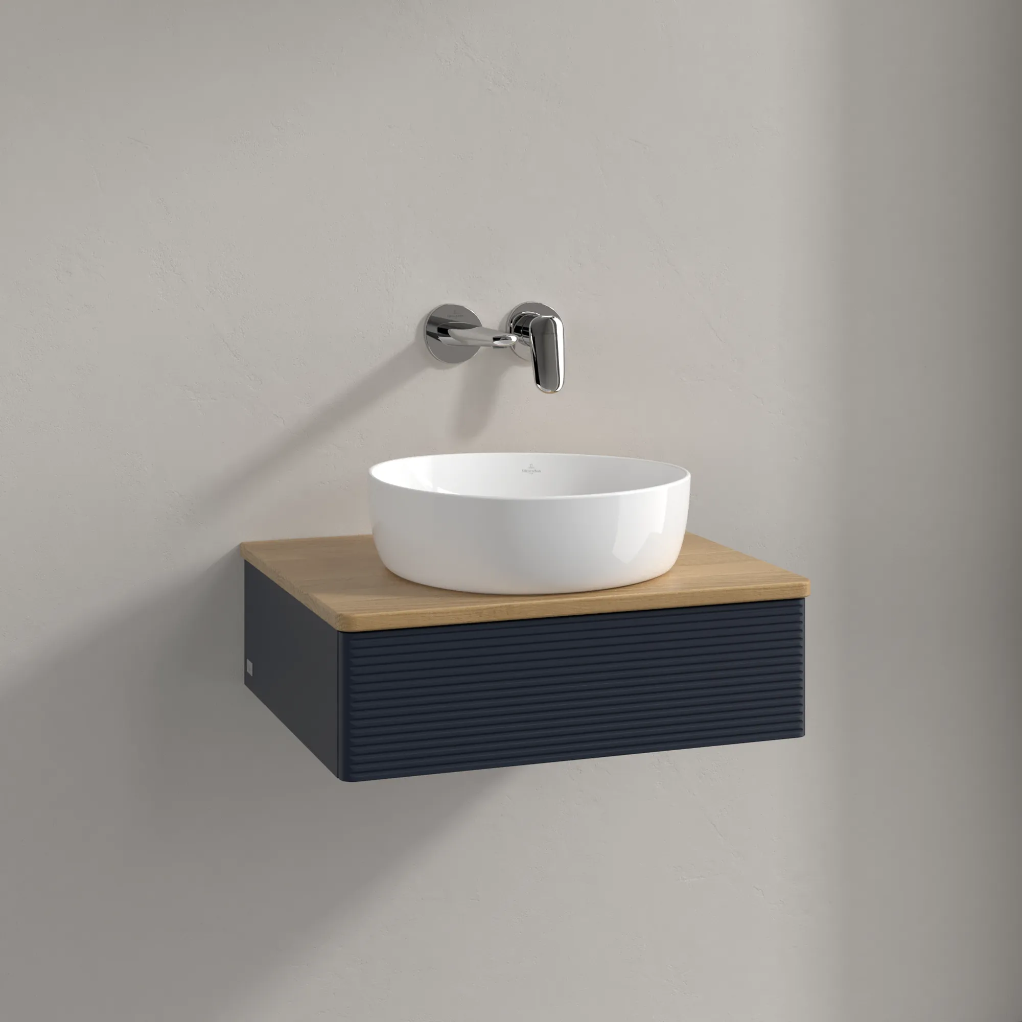 Villeroy & Boch Waschbeckenunterschrank Antao K07_1, 600x190x500 mm, Midnight Blue Matt Lacquer, Massivholz Abdeckplatte, SoftClosing, Push-to-open