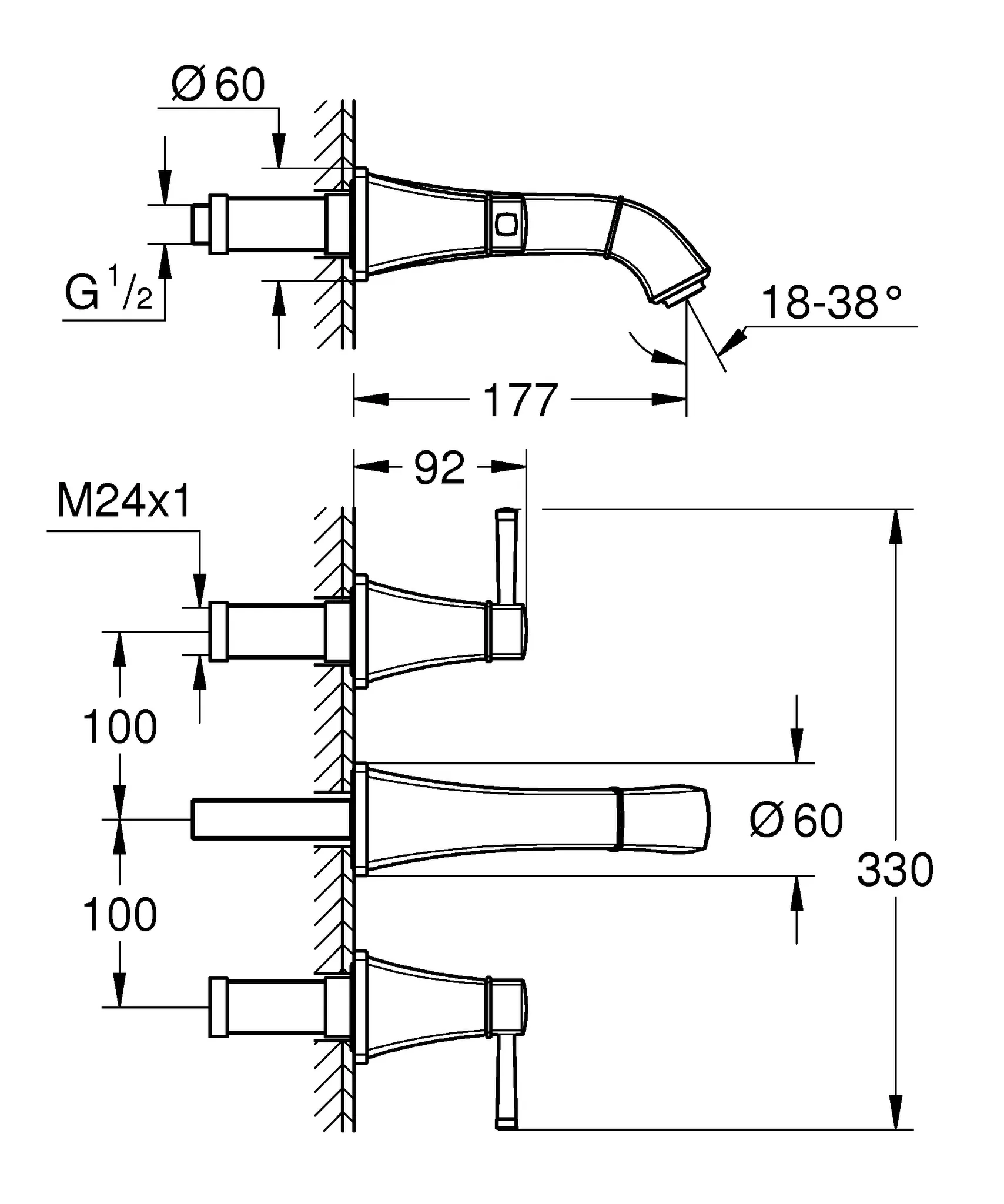 3-Loch-Waschtischbatterie Grandera 20622, Wandmontage, Fertigmontageset für 29 025 002, Ausladung 177 mm, chrom 3-Loch-Waschtischbatterie Grandera 20622, Wandmontage, Fertigmontageset für 29 025 002, Ausladung 177 mm, chrom