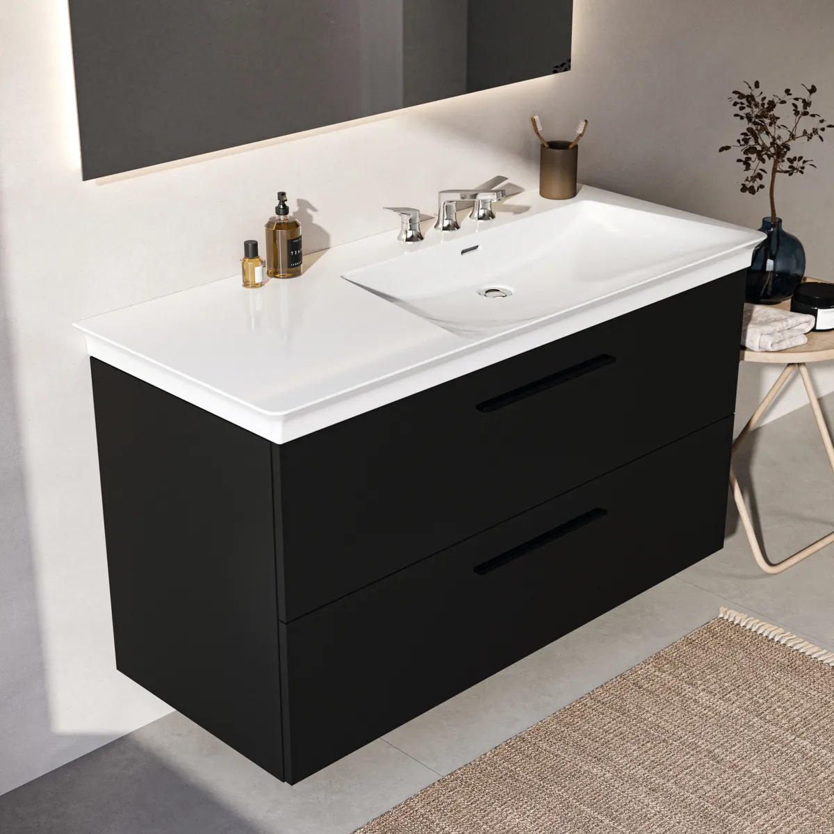 Möbelwaschtischunterschrank i.life B 2 Auszüge Siphonausschnitt auf der rechten Seite 1200x505x630mm Weiß matt Möbelwaschtischunterschrank i.life B 2 Auszüge Siphonausschnitt auf der rechten Seite 1200x505x630mm Weiß matt