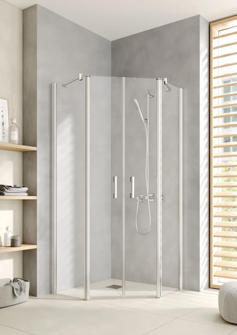 Kermi Duschdesign Fünfeck-Duschkabine mit Pendeltüren mit Festfeldern „PEGA“ Glas Klar, Profile Silber Hochglanz, BV: 865 - 890 mm GAK: 850 - 875 mm WE: 875 - 900 mm H: 1850 mm Kermi Duschdesign Fünfeck-Duschkabine mit Pendeltüren mit Festfeldern „PEGA“ Glas Klar, Profile Silber Hochglanz, BV: 865 - 890 mm GAK: 850 - 875 mm WE: 875 - 900 mm H: 1850 mm