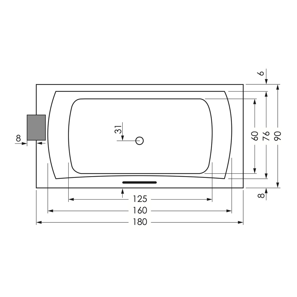 repaBAD Badewanne „Arosa“ rechteck 180 × 90 cm, Mittelablauf