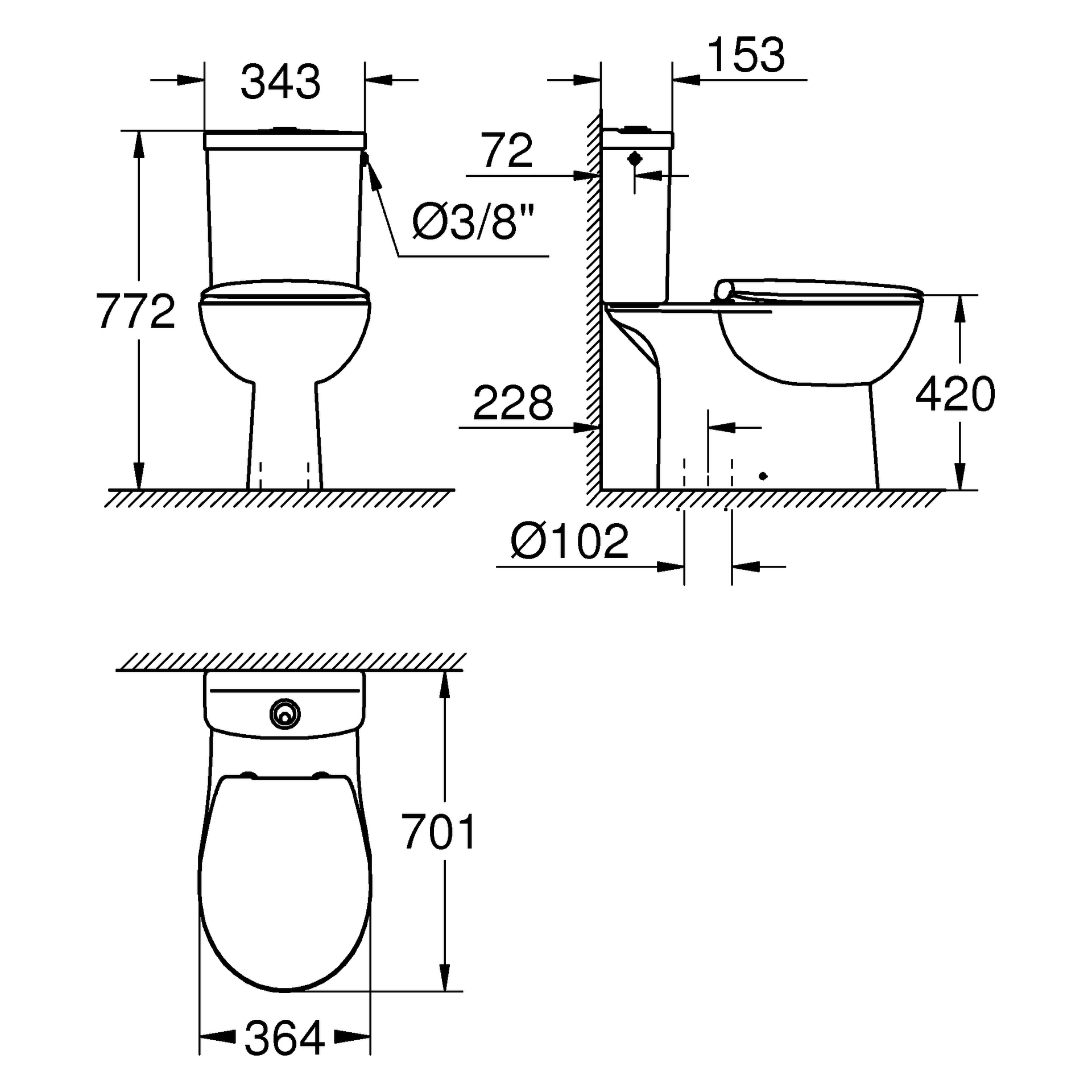 Stand-WC-Kombination Set Bau Keramik 39346, mit Tiefspüler spülrandlos, Aufsatzspülkasten, WC-Sitz mit Deckel - werkzeuglos abnehmbar, aus Sanitärkeramik, alpinweiß