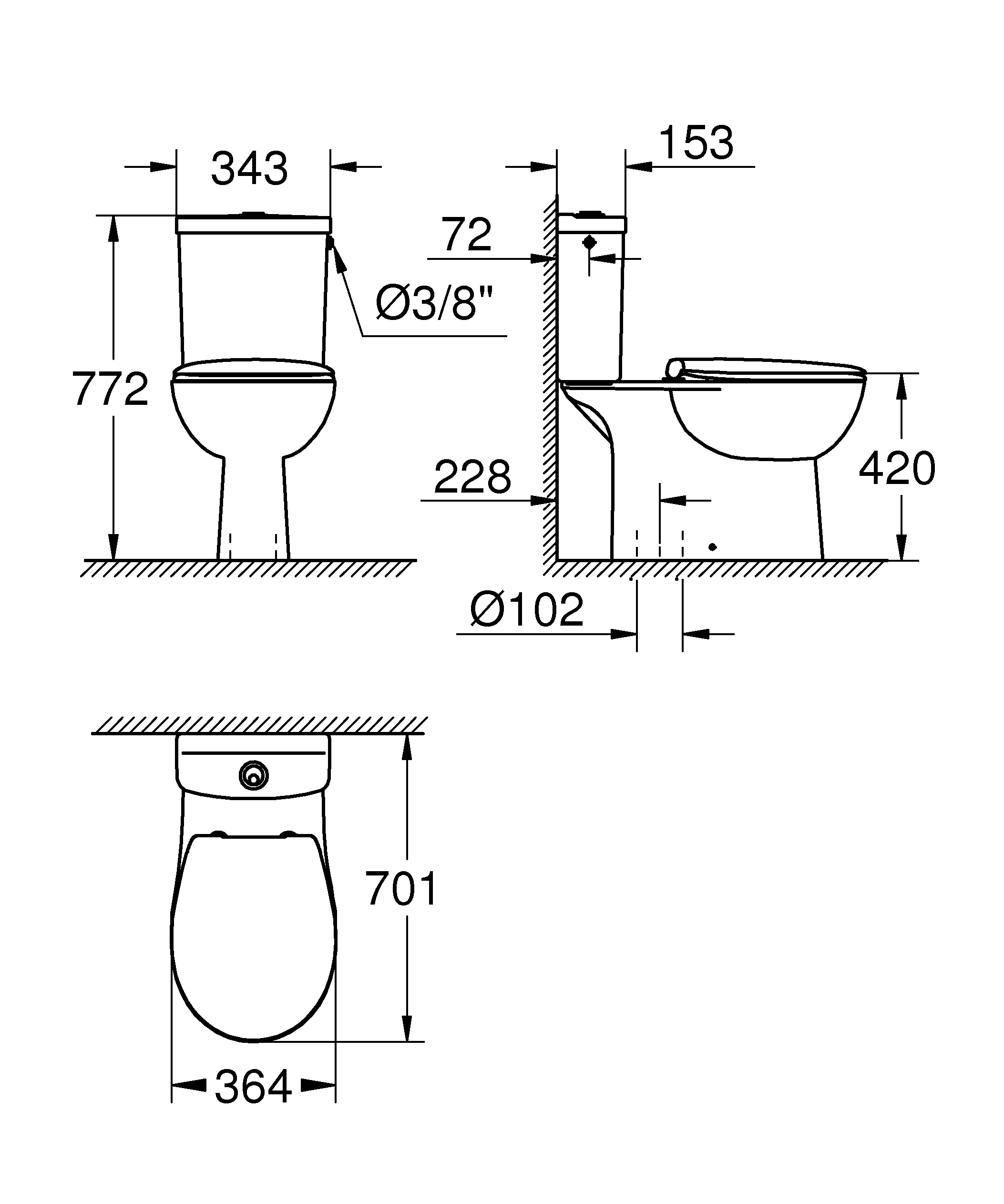 Stand-WC-Kombination Set Bau Keramik 39346, mit Tiefspüler spülrandlos, Aufsatzspülkasten, WC-Sitz mit Deckel - werkzeuglos abnehmbar, aus Sanitärkeramik, alpinweiß