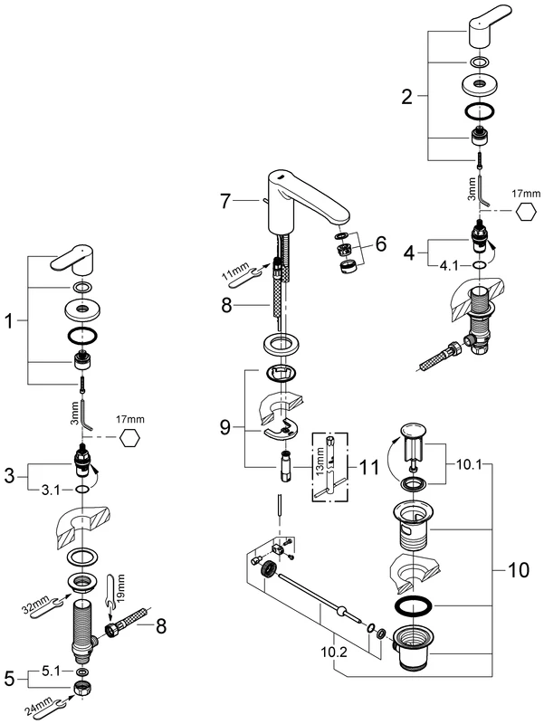 3-Loch-Waschtischbatterie Eurostyle Cosmopolitan 20208_2, Zugstangen-Ablaufgarnitur 1 1/4'', chrom