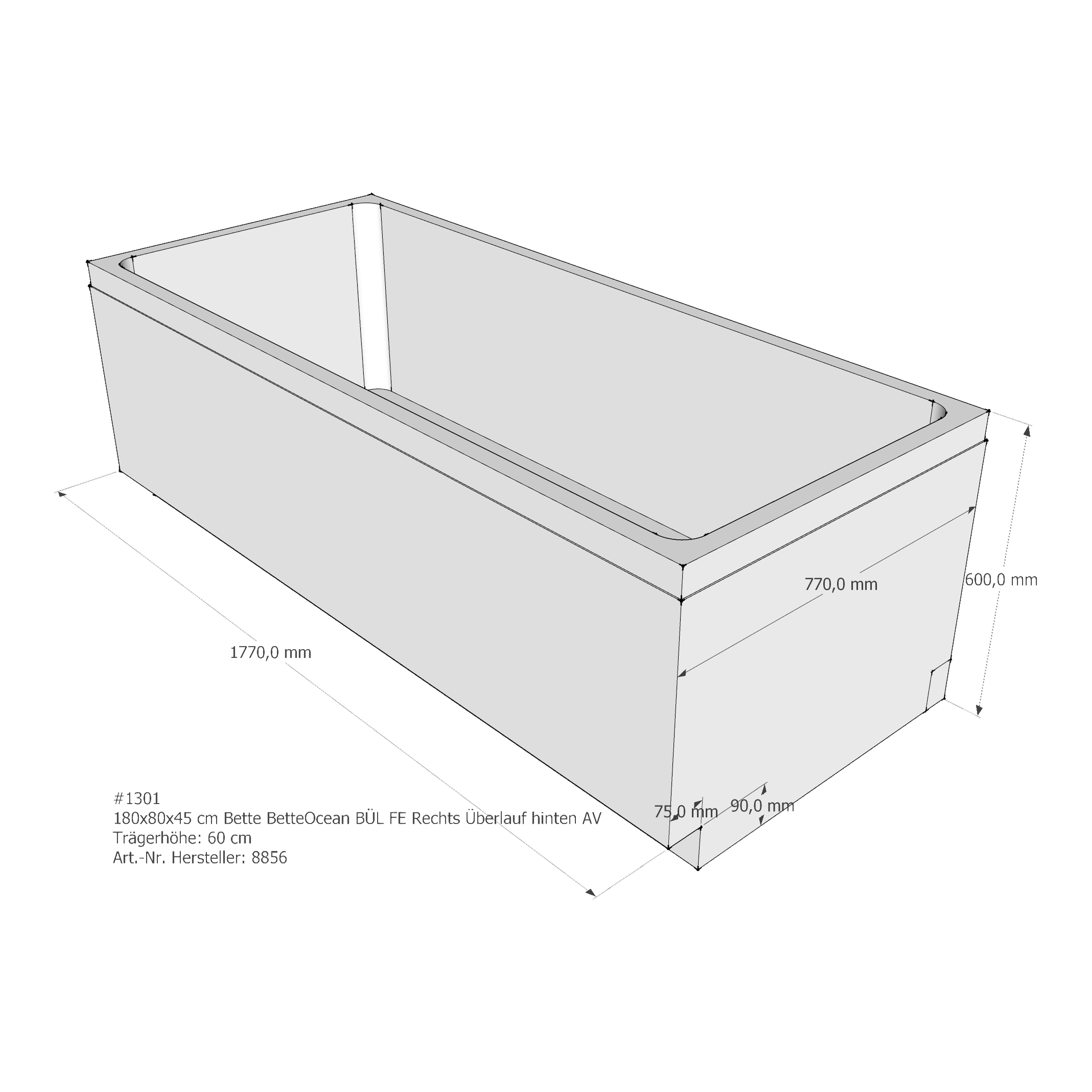 Badewannenträger für Bette Ocean 180 × 80 × 45 cm Ab- und Überlaufposition: hinten / Breite: 80 cm / Länge: 180 cm Badewannenträger für Bette Ocean 180 × 80 × 45 cm Ab- und Überlaufposition: hinten / Breite: 80 cm / Länge: 180 cm