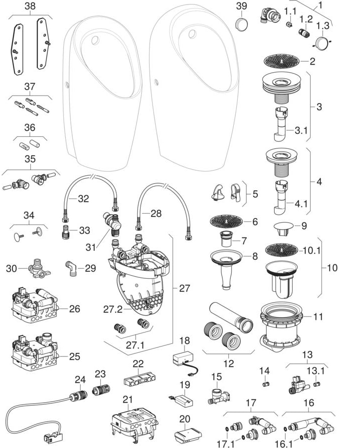 Urinal mit integrierter Steuerung Netzbetrieb „Tamina“, Zulauf von oben, ohne Zielobjekt Urinal mit integrierter Steuerung Netzbetrieb „Tamina“, Zulauf von oben, ohne Zielobjekt
