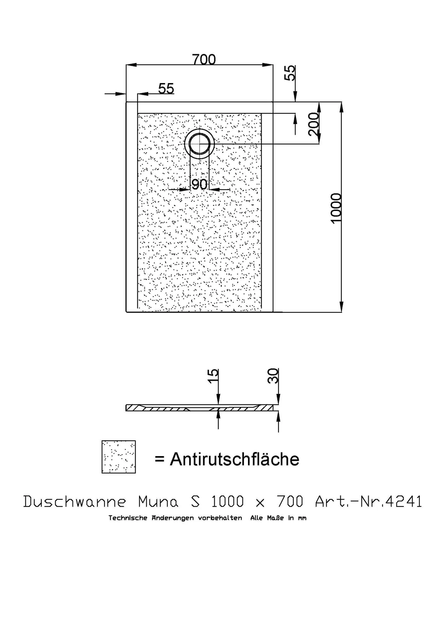 Duschwanne Muna S von Hoesch, 1000x700x30 mm, Antirutsch, Solique, weiß Duschwanne Muna S von Hoesch, 1000x700x30 mm, Antirutsch, Solique, weiß