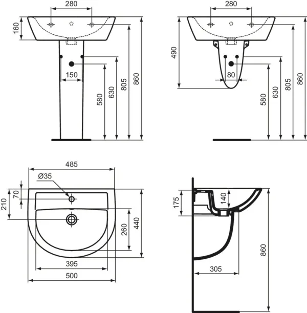 Waschbecken „Eurovit“ 50 × 44 × 17,5 cm, Hahnlochposition mittig Waschbecken „Eurovit“ 50 × 44 × 17,5 cm, Hahnlochposition mittig