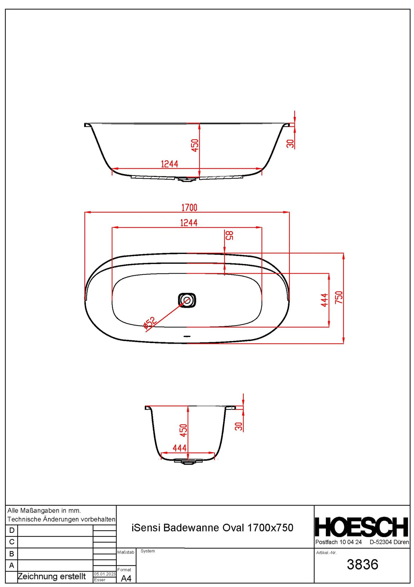 Hoesch Badewanne „iSensi“ oval 1700 × 750 mm