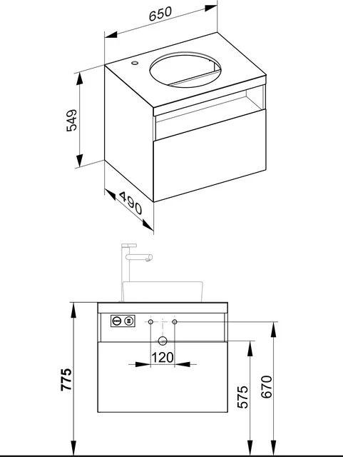 Stageline Waschtischunterbau mit Auszug Hahnloch links, Steckd./Bel. 650 x 550 x 490 mm inox/inox