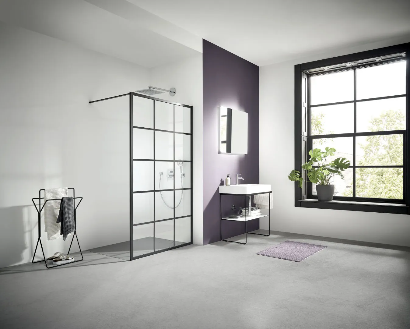 Kermi Duschdesign Walk-In-Duschkabine Dekor Print „WALK-IN XD“ Glas Klar, Profile Schwarz Soft (RAL 9005), BV: 890 - 910 mm WE: 890 - 910 mm H: 2000 mm
