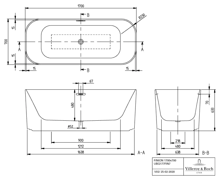 Villeroy & Boch Badewanne „Finion“ freistehend rechteck 170 × 70 cm, Mittelablauf