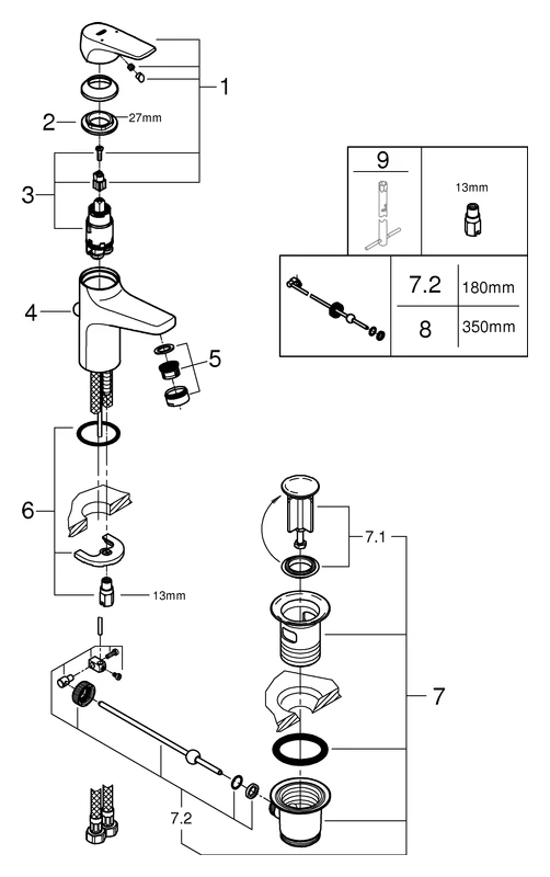 Einhand-Waschtischbatterie BauFlow 23751, S-Size, Einlochmontage, Zugstangen-Ablaufgarnitur aus Kunststoff 1 1/4'', chrom