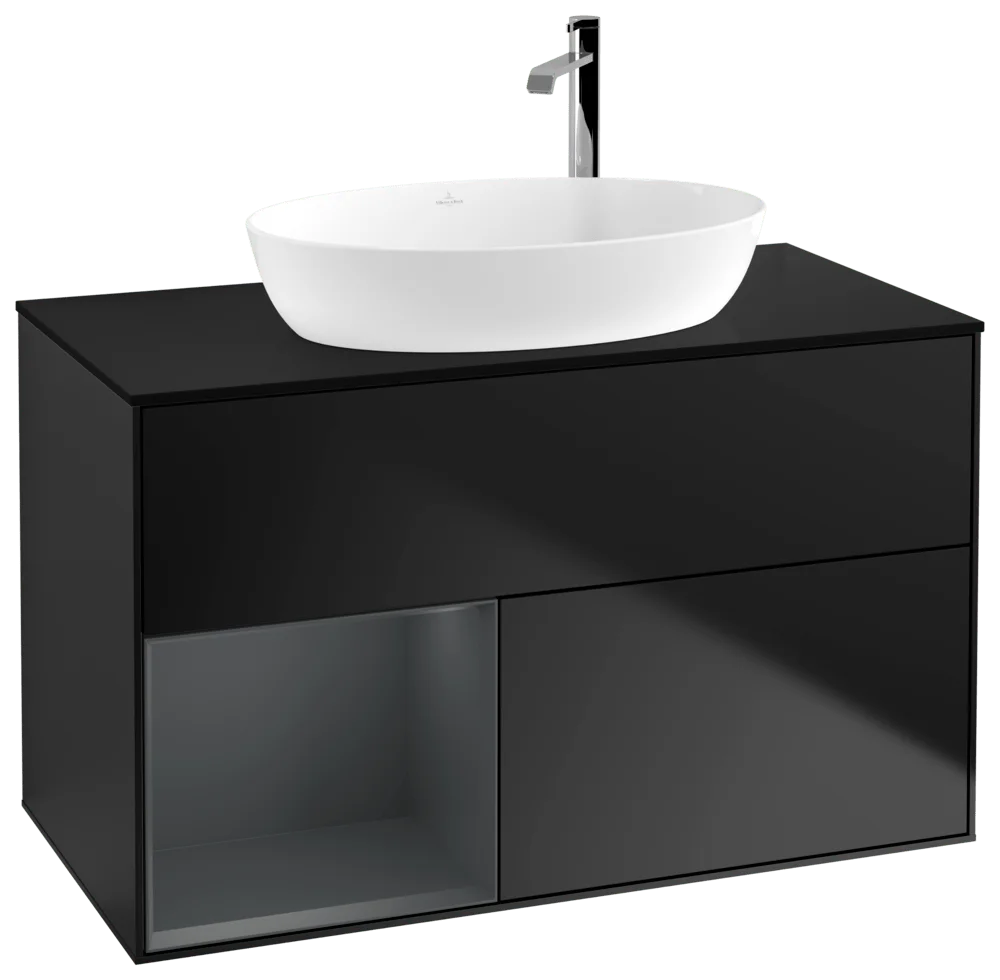Villeroy & Boch Waschbeckenunterschrank Finion F89, 1000x603x501 mm, Black Matt Lacquer mit Midnight Blue Regal, Beleuchtung dimmbar, SoftClosing, Push-to-open, 2 Auszüge Villeroy & Boch Waschbeckenunterschrank Finion F89, 1000x603x501 mm, Black Matt Lacquer mit Midnight Blue Regal, Beleuchtung dimmbar, SoftClosing, Push-to-open, 2 Auszüge