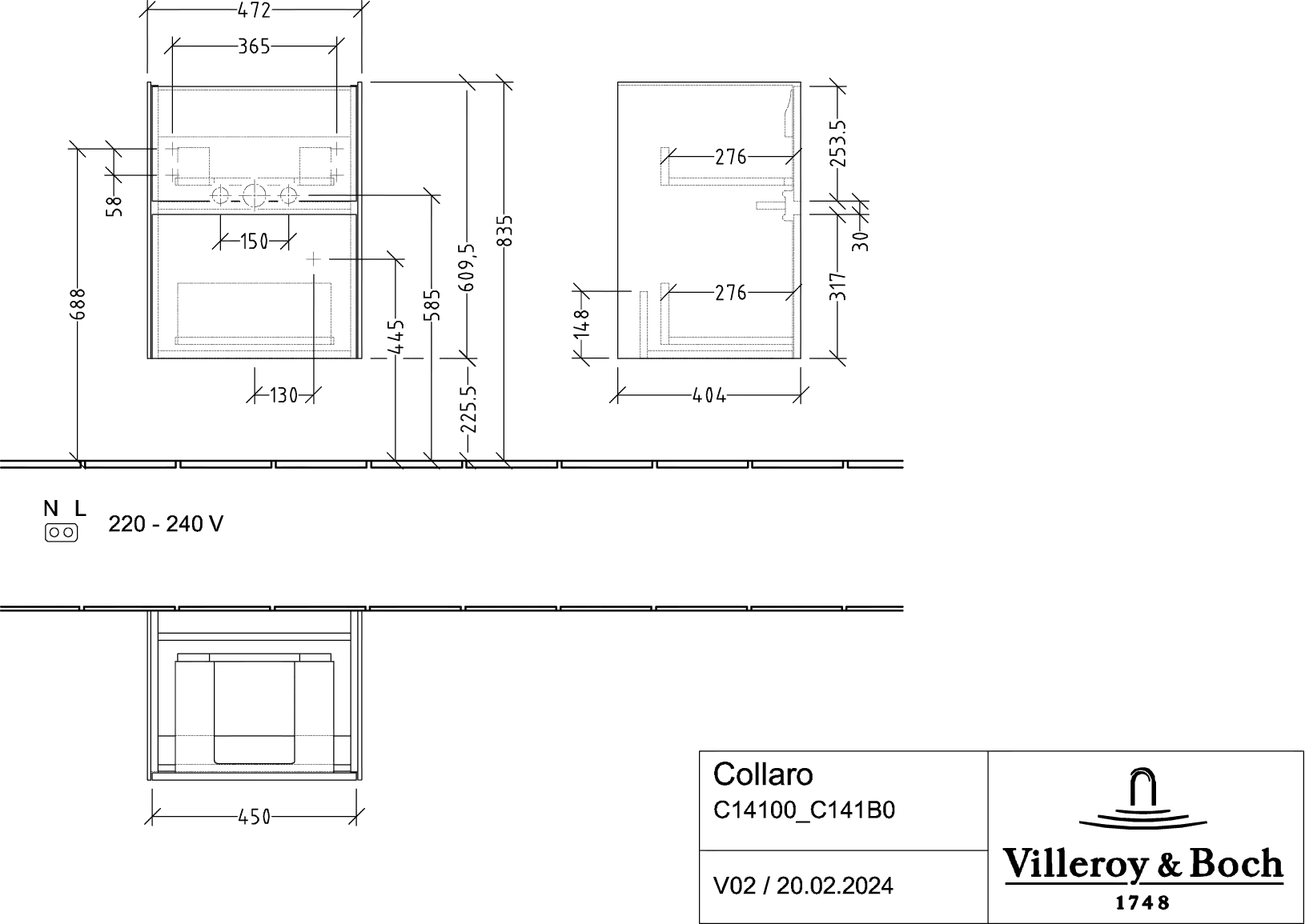 Villeroy & Boch Waschtischunterschrank „Collaro“ 472 × 610 × 404 mm Glossy Grey, ohne Beleuchtung, für Becken mittig