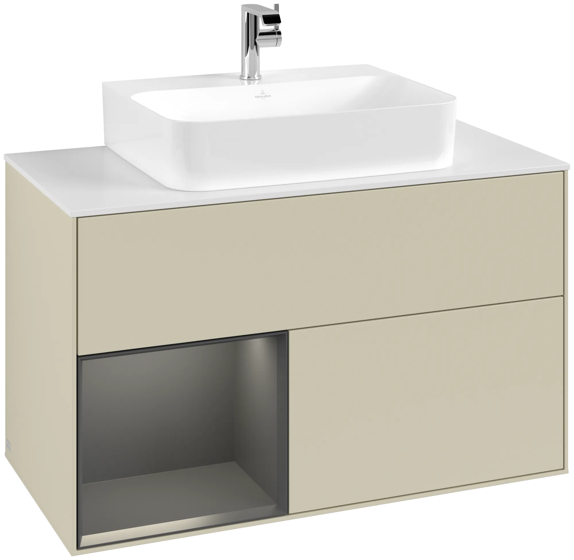 Villeroy & Boch Finion Waschbeckenunterschrank F11, 1000 x 603 x 501 mm, Silk Grey Matt Lacquer / Black Matt Lacquer / Glass White Matt