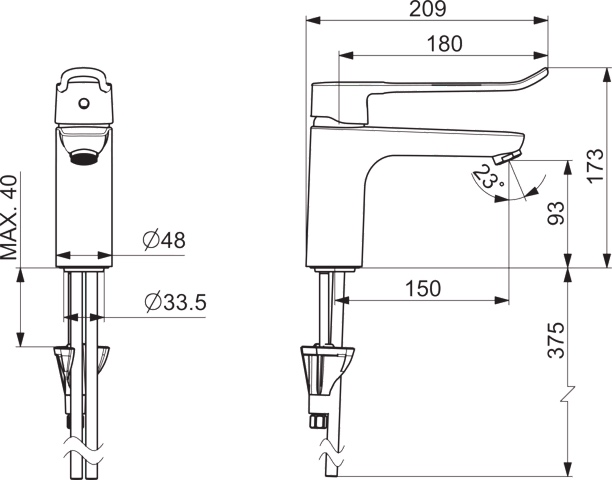 EHM Waschtischbatterie CLINICA 4523 Anschluss über Kupferrohre Bügelhebel Bedienungshebel lang Ausladung 150 mm DN15 Chrom