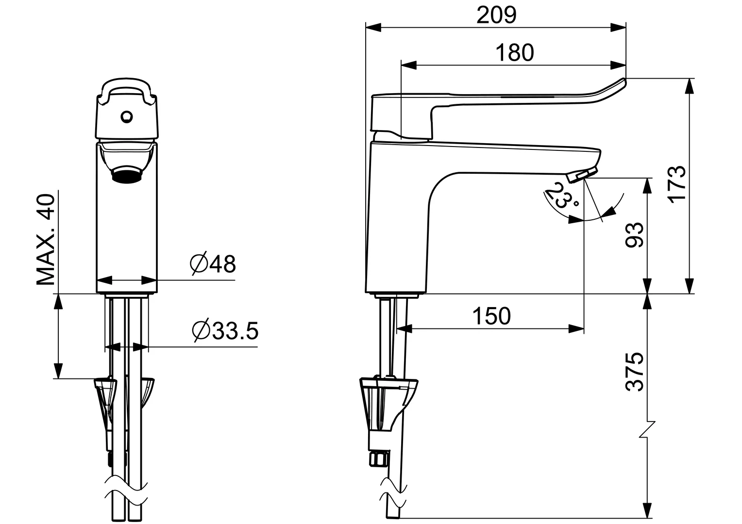 HansaCLINICA EHM WT-Batt. HansaCLINICA 4523 CU-Rohr Bügelh. Bed.he. lang Ausld. 150 Chrom