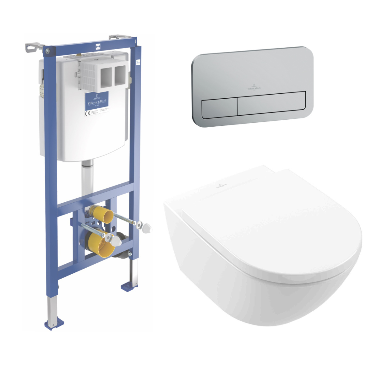 Set-Vorwandelement mit WC-Combi-Pack und Betätigungsplatte in mattchrom