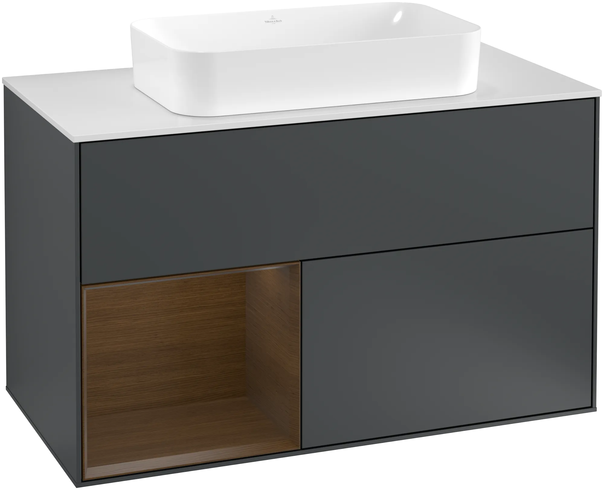 Villeroy & Boch Finion Waschbeckenunterschrank G24, 1000x603x501mm, Midnight Blue Matt Lacquer / Walnut Veneer / Glass White Matt