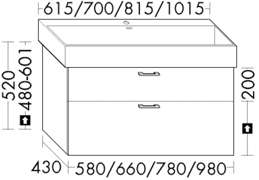 Waschtischunterschrank Sys30 von burgbad - 430x660x520 mm, 1 Schublade oben (300 mm tief), 1 Auszug unten (350 mm tief), mit Siphonausschnitt
