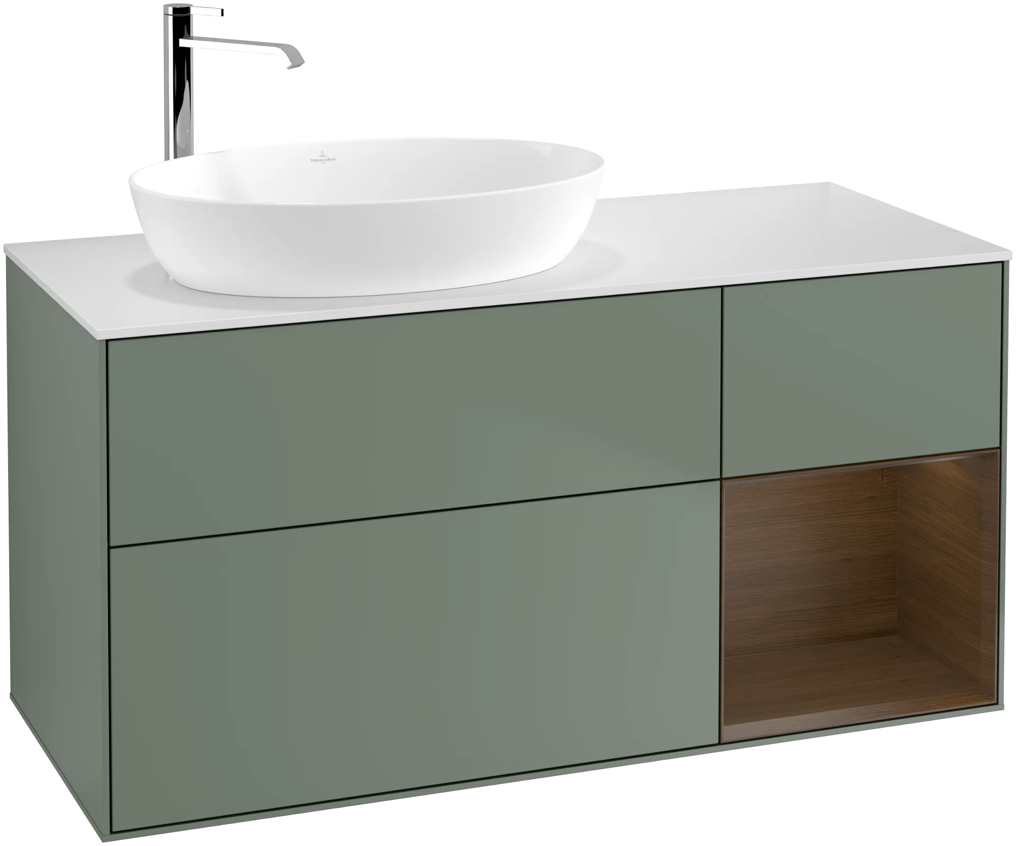 Villeroy & Boch Finion Waschbeckenunterschrank F93 1200x603x501mm Olive Matt Lacquer / Walnut Veneer / Glass White Matt