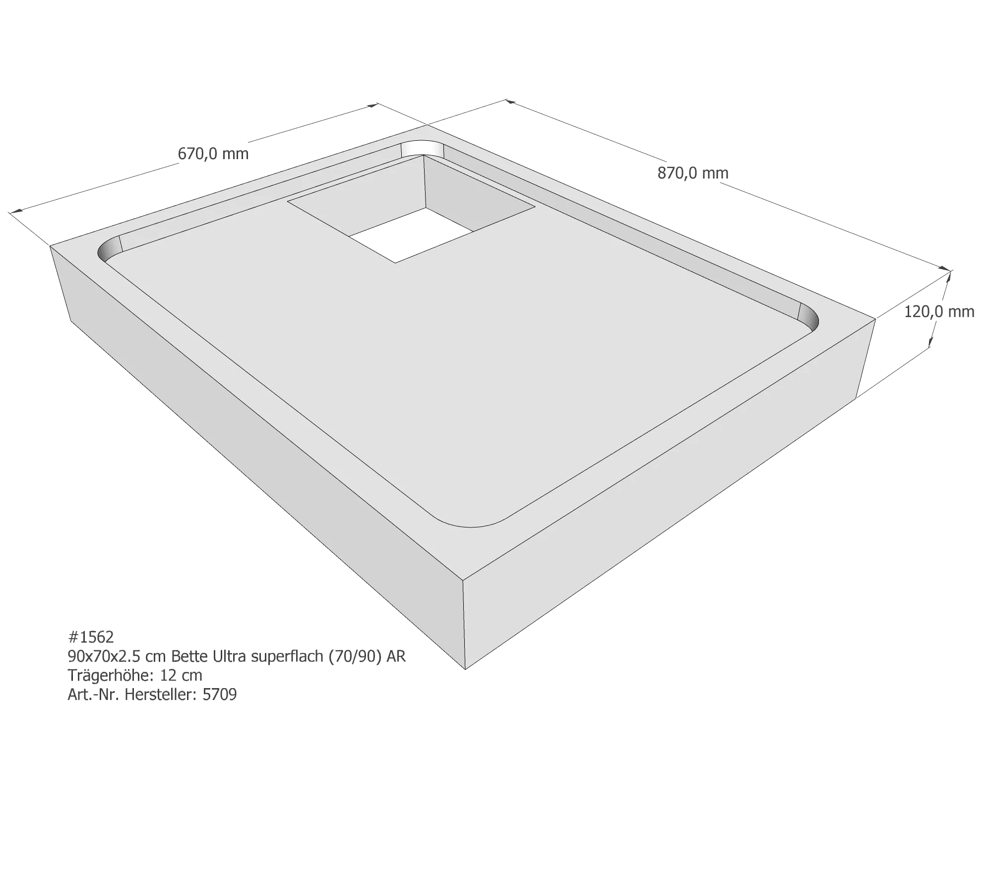 Duschwannenträger für Bette Ultra (superflach) 90 × 70 × 2,5 cm Breite: 70 cm / Länge: 90 cm