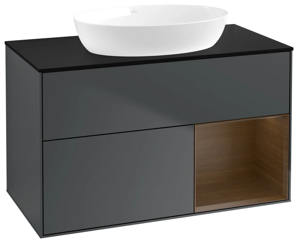 Villeroy & Boch Finion Waschbeckenunterschrank GA2, 1000 x 603 x 501 mm, Midnight Blue Matt Lacquer / Walnut Veneer / Glass Black Matt