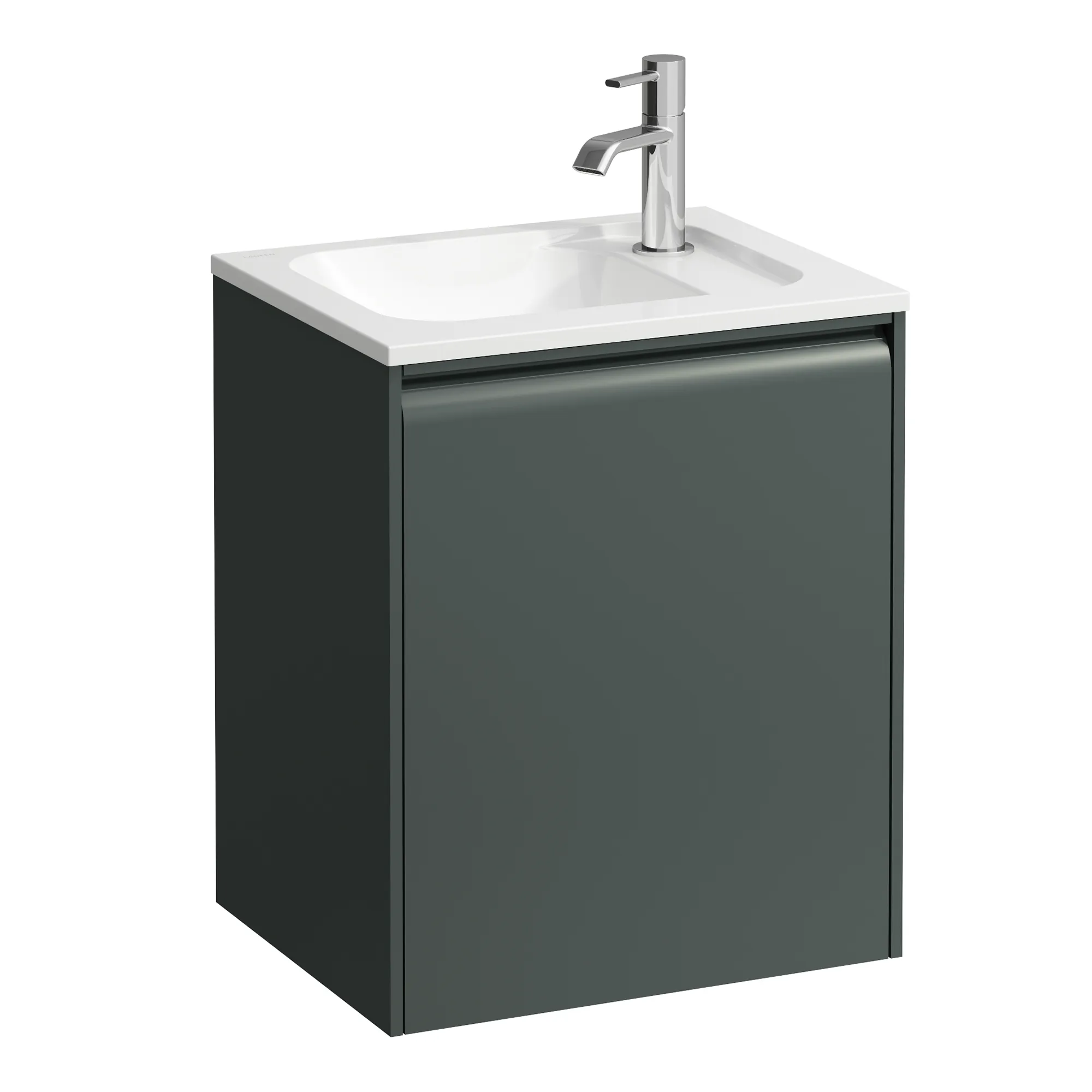 Waschtischunterbau, MEDA, 339x437x515, 1 Tür Scharnier rechts, integrierte Griffleiste, Soft-Close, 1 Glasablage (fix), für Möbelhandwaschbecken MEDA