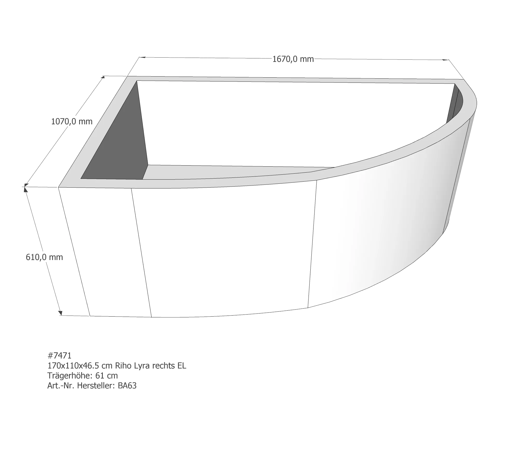 Badewannenträger für Riho Lyra 170 rechts rechts 170 × 110 × 46,5 cm