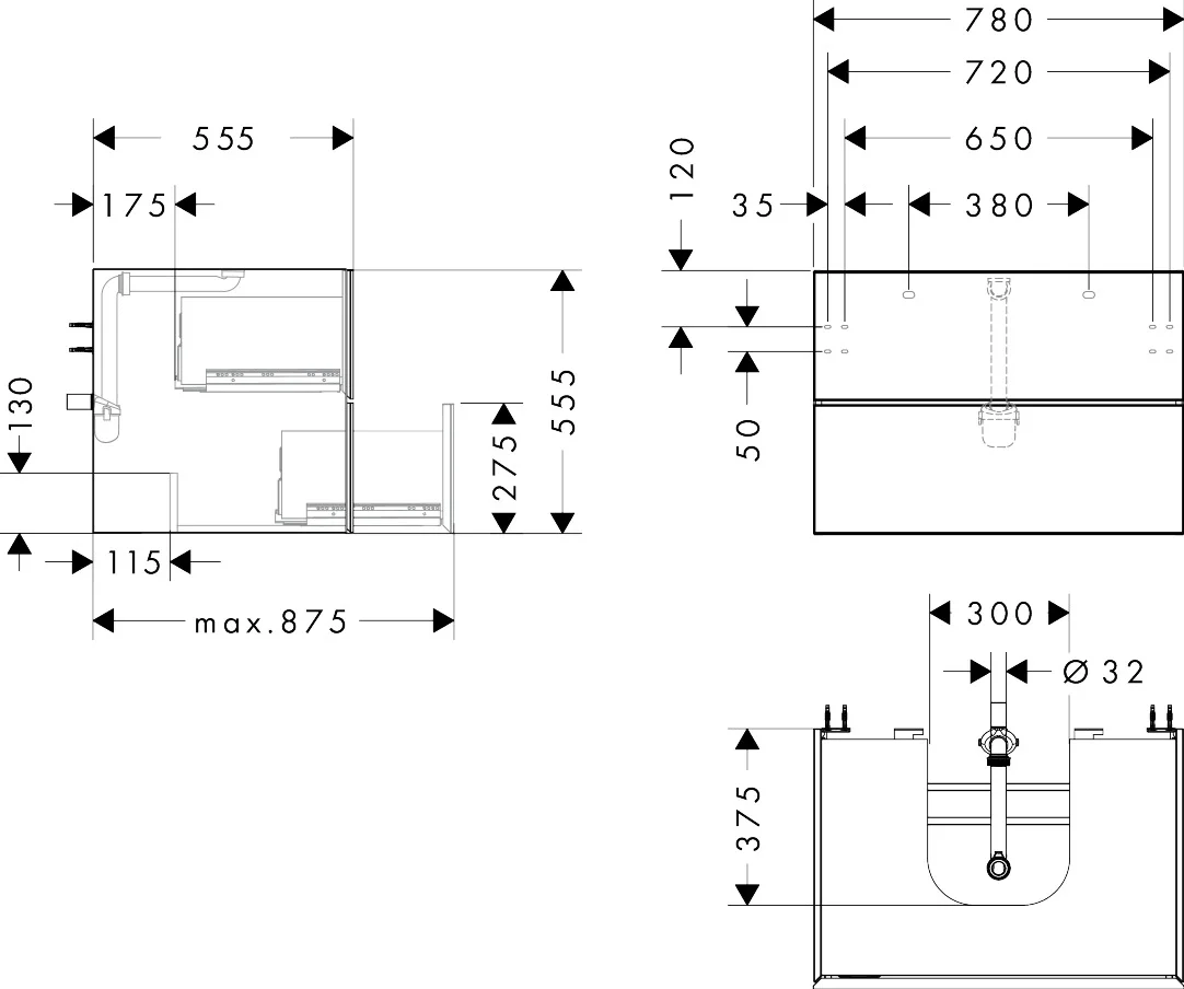 Hansgrohe Xevolos E Waschtischunterschrank Schiefergrau Matt 780/550 mm mit 2 Schubkästen für Konsole