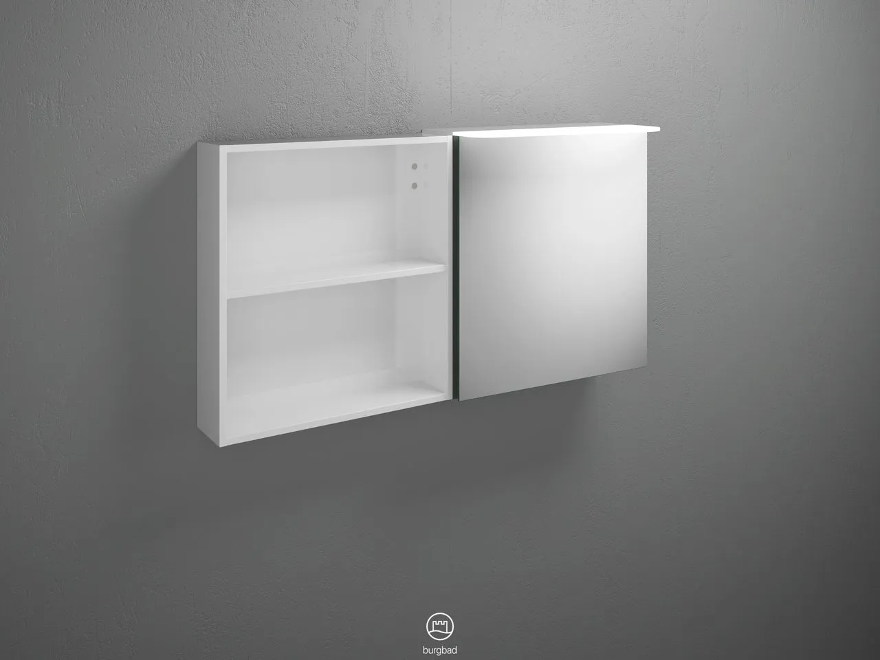 Burgbad Spiegelschrank Badu SFTW120, 310x1200x665 mm, beidseitig verspiegelt, LED-Aufsatzleuchte 4200 K, Schalter-Steckdosenelement