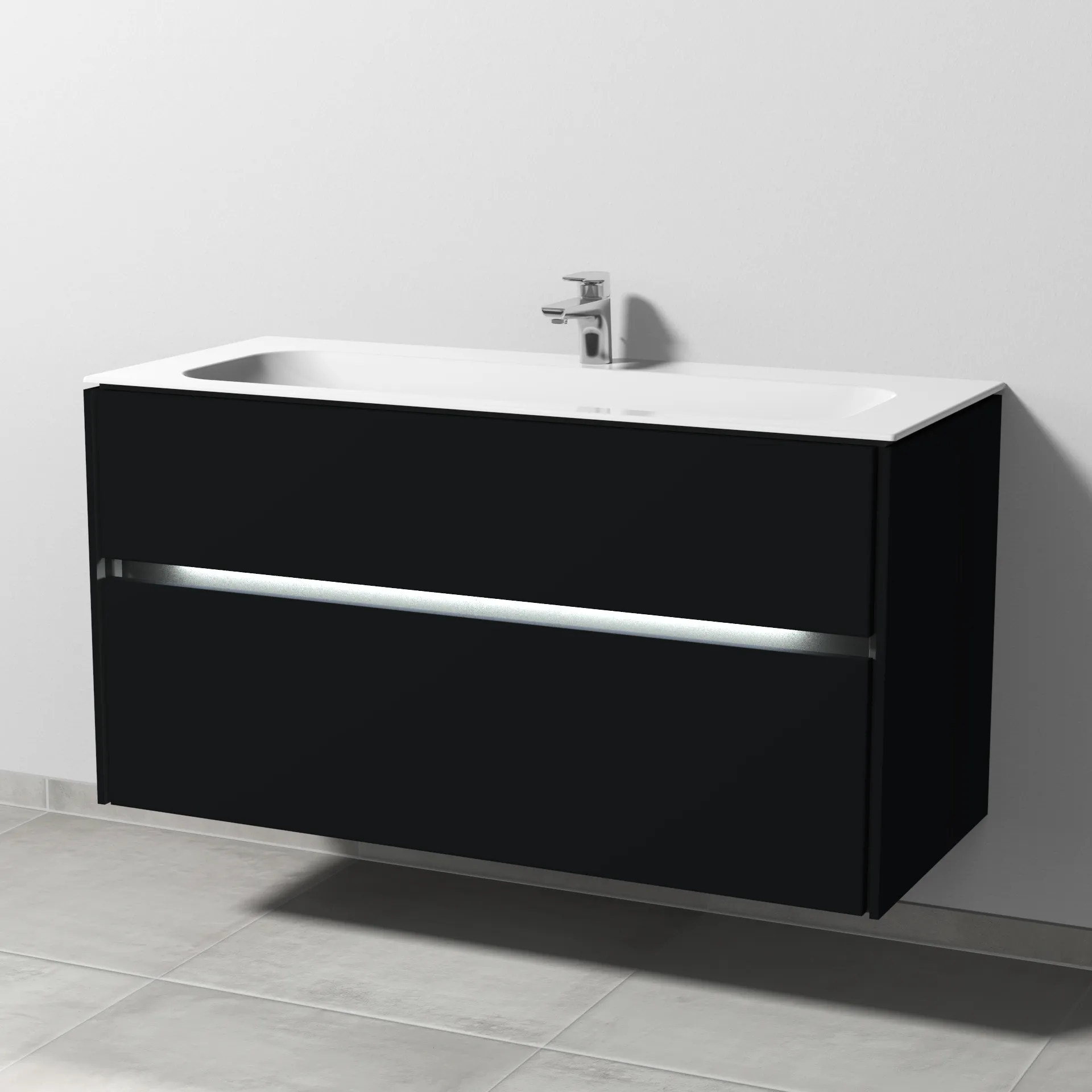 Keramik-Waschtisch-Set mit Waschtischunterschrank „Twiga“ 119 × 50 × 61 cm in Schwarz (matt), mit Hahnlochbohrung, mit Beleuchtung