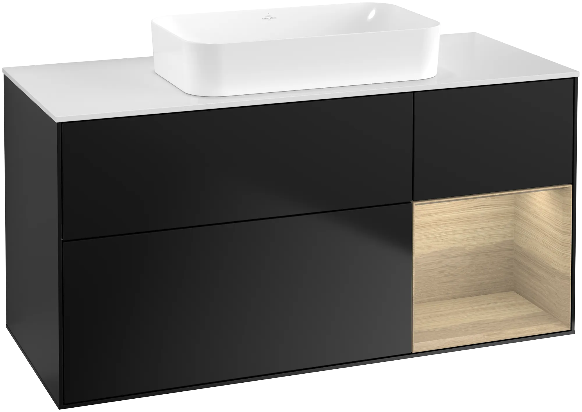 Villeroy & Boch Finion Waschbeckenunterschrank G71, 1200x603x501mm, Black Matt Lacquer / Oak Veneer / Glass White Matt