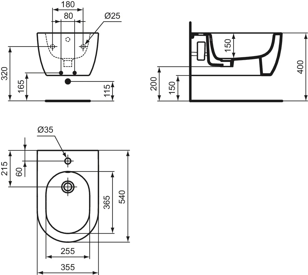 Ideal Standard Bidet „BlendCurve“, Befestigung verdeckt 35,5 × 54 × 25 cm in Weiß