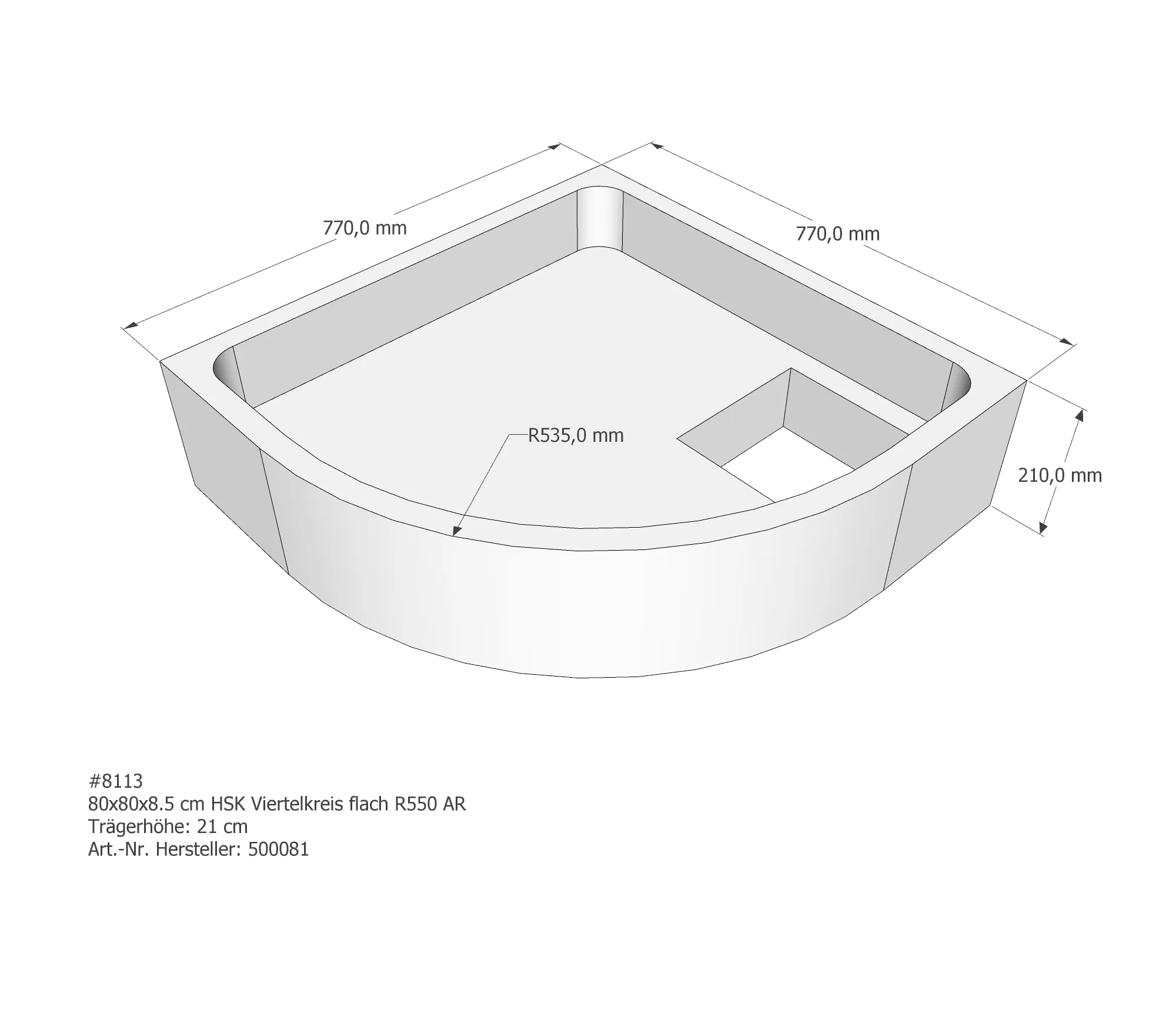 Duschwannenträger für HSK Viertelkreis flach 80 × 80 × 8,5 cm