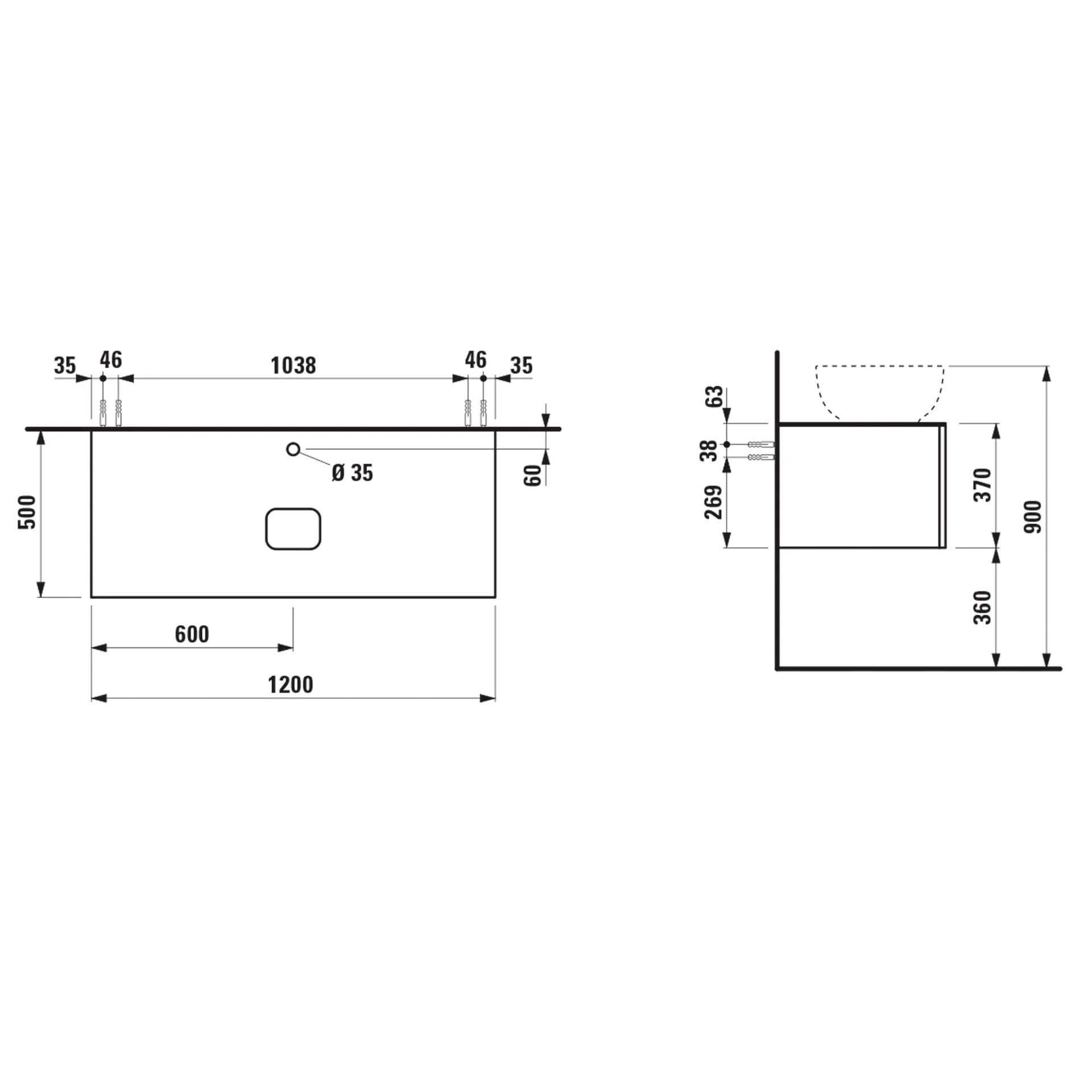 Laufen Schubladenelement „Ilbagnoalessi“ 1200 × 370 × 500 mm Eiche hell, mit Hahnlochbohrung, mittig
