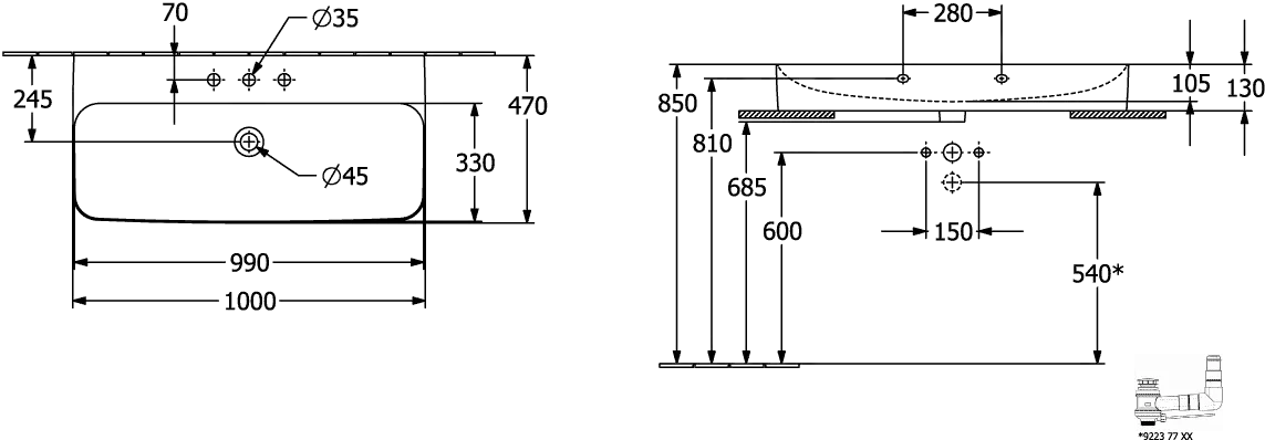 Villeroy & Boch Wandwaschtisch aus TitanCeram geschliffen „Finion“ 1000 × 470 × 165 mm, mit Hahnlochbohrung, Hahnlochposition mittig in Pure Black, mit CeramicPlus Villeroy & Boch Wandwaschtisch aus TitanCeram geschliffen „Finion“ 1000 × 470 × 165 mm, mit Hahnlochbohrung, Hahnlochposition mittig in Pure Black, mit CeramicPlus