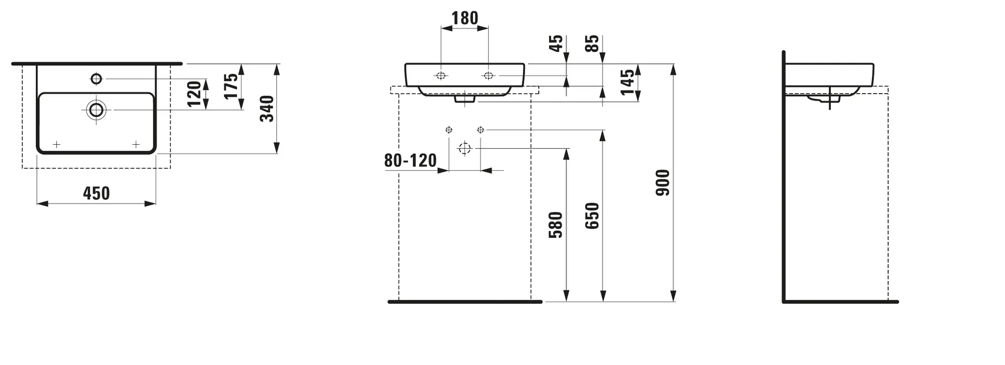 Aufsatzhandwaschbecken PRO S 340x450x145 1 Hahnloch mit Überlauf weiß