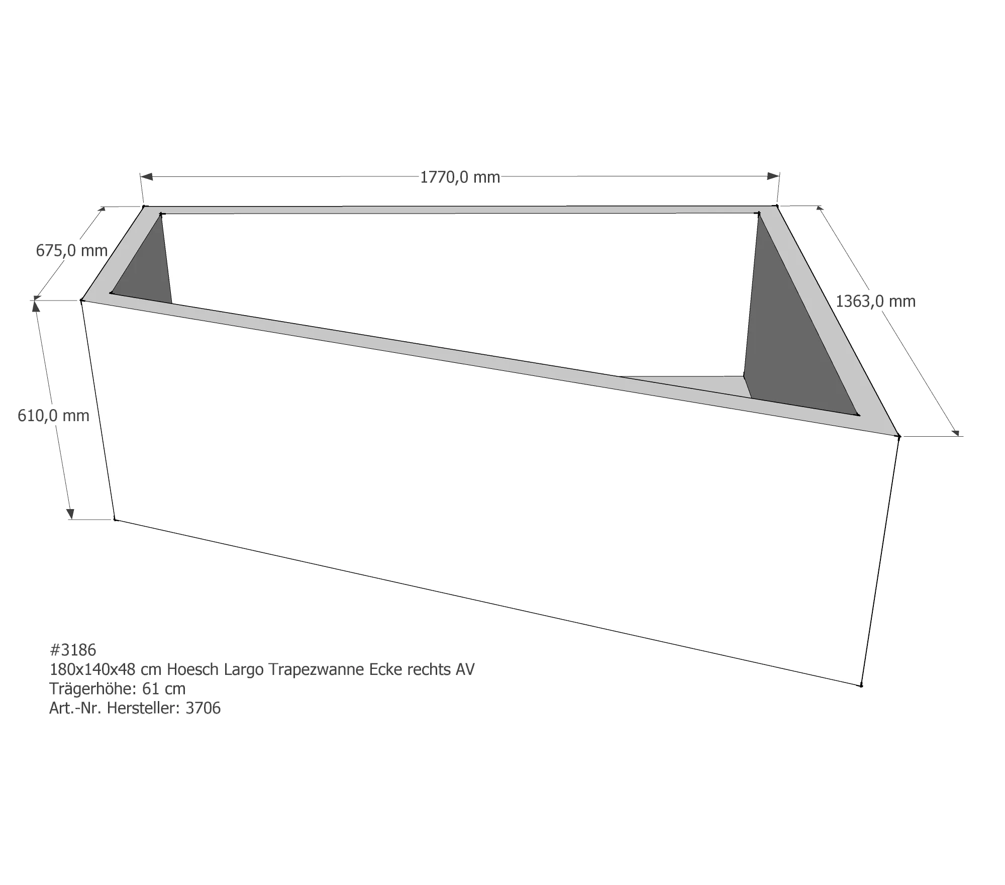 Badewannenträger passend für Hoesch Largo rechts 180 × 140 × 48 cm