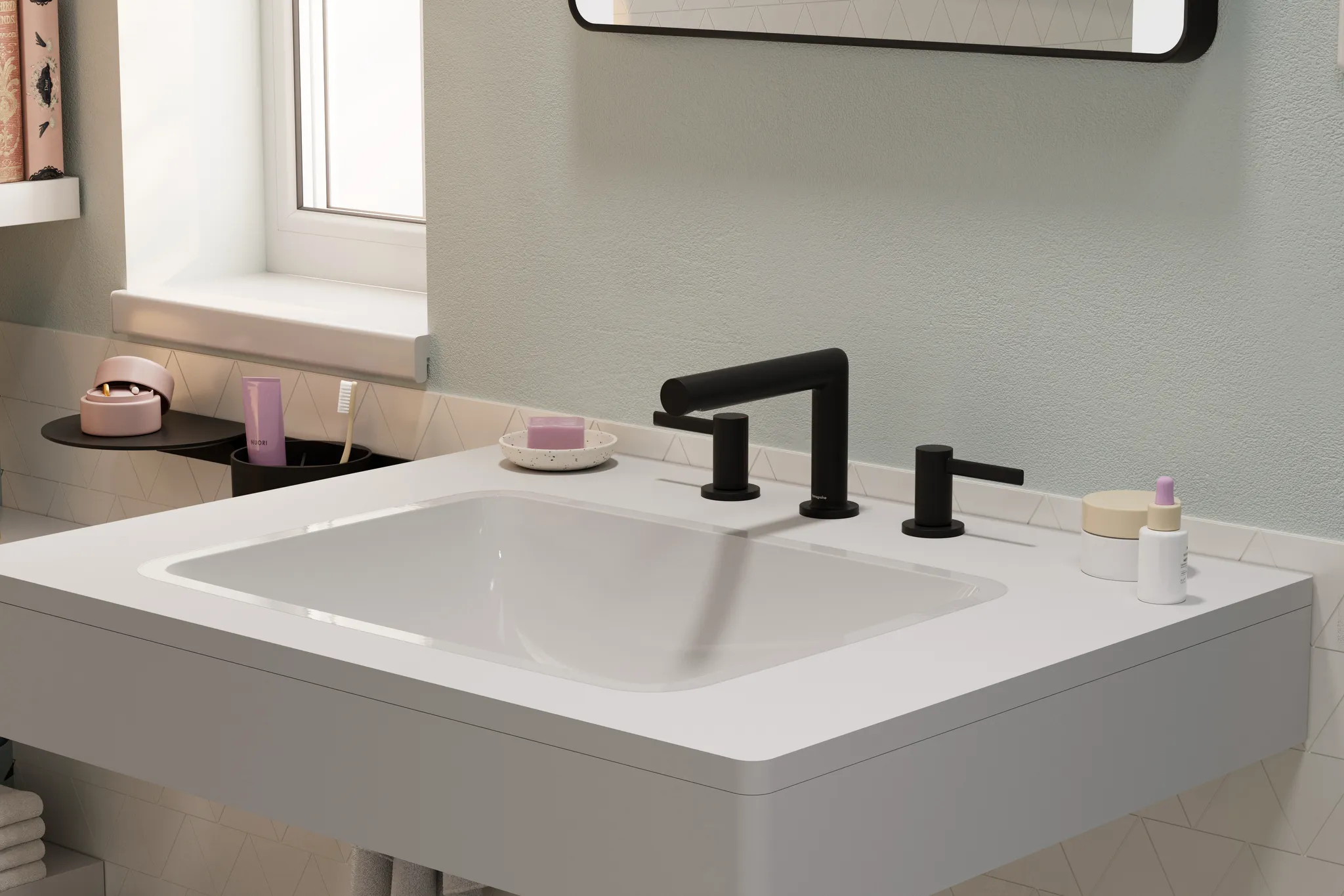 Hansgrohe Zesis S 3-Loch Waschtischarmatur Mattschwarz, Ausladung 164 mm, Auslaufhöhe 105 mm, Hebelgriff, Normalstrahl, max. Durchfluss 4 l/min, Keramikventile 90°, für Durchlauferhitzer geeignet