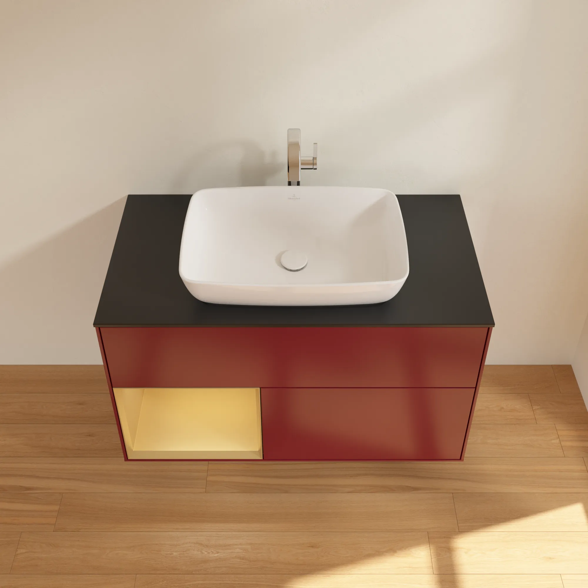 Villeroy & Boch Waschbeckenunterschrank Finion F77, 1000x603x501 mm, Peony Matt Lacquer mit Gold Regal, Beleuchtung dimmbar, SoftClosing, Push-to-open